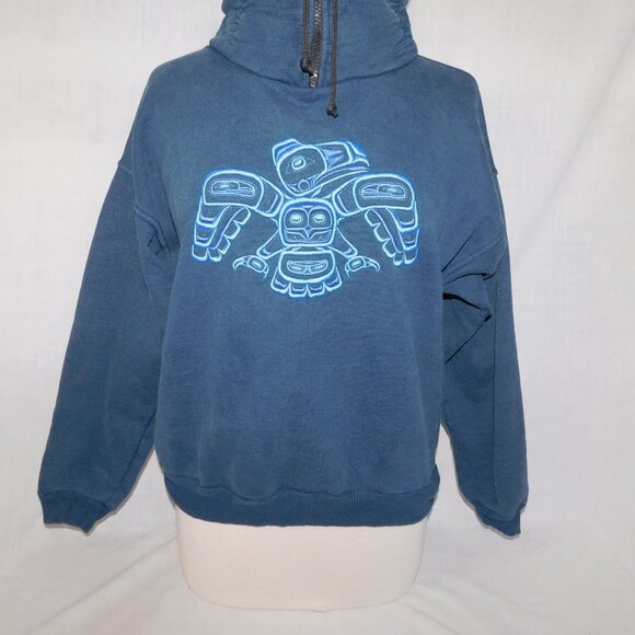 VTG Fuzzy Stonewash 1/4 Zip native embroidered oversized Sweatshirt XS unisex - Picture 11 of 12